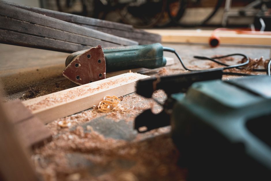 Close up of woodworking tools creating custom furniture