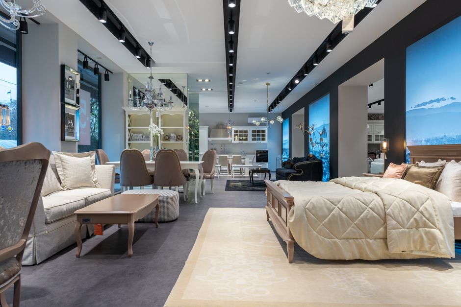 Interior view of a modern custom furniture showroom